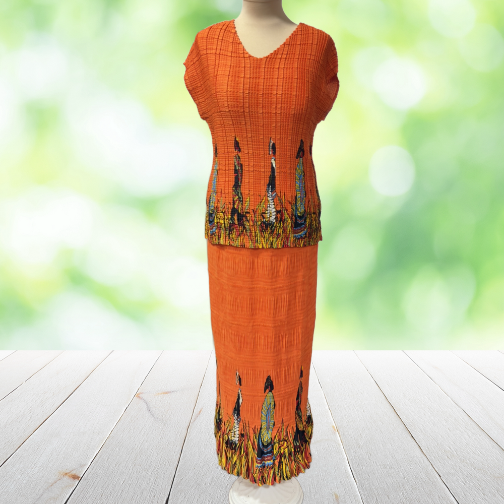 Vintage SHORELINE 2Pc Dress Set African Print Crinkle Rayon Artwear Orange Sz M